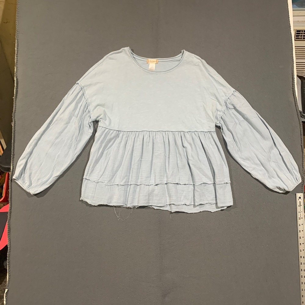 Altar'd State Peplum Top Womens Large Blue LS Boho Tiered Babydoll Shirt